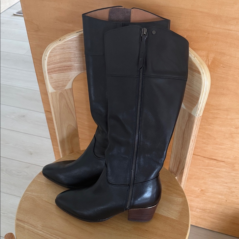 Women's Black Mid-Heel Tall Leather Boots